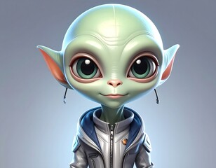 A whimsical, cartoon-like depiction of a friendly extraterrestrial with large, expressive eyes and pointed ears. They wear a space suit