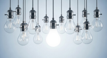 Hanging light bulb glass metal modern energy electricity innovation idea bright interior inspiration creativity technology design group arrangement clear illumination concept solution focus