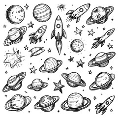 HandDrawn Space Elements Planets Rockets and Stars.