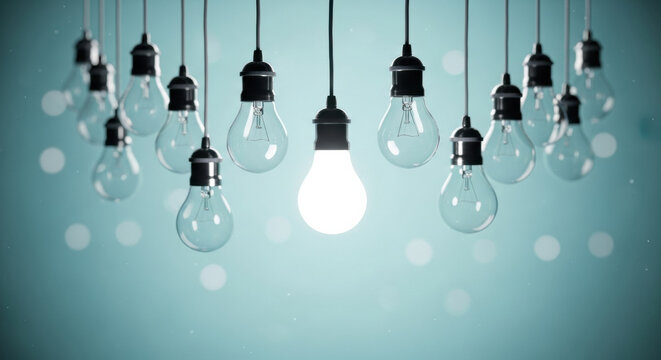 Hanging light bulb glowing bulb innovation creativity idea inspiration blue background energy electricity modern minimal