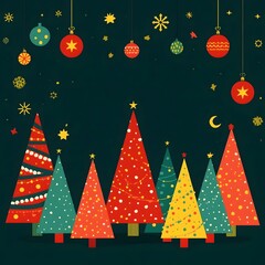 Colourful christmas tree and happy new year pattern