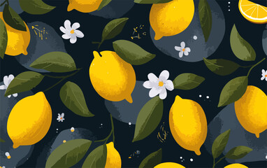 Wektorowy wz&oacute;r z cytrusami i kwiatami na ciemnym tle, ilustracja owoc&oacute;w