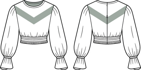 Cropped Blouse with Wide Smocked Waist, Chevron Detail, and Flared Cuff Sleeves Technical CAD Drawing Flat Vector Illustration