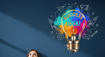 Colorful light bulb success idea creativity innovation inspiration motivation business imagination and achievement are illustrated with woman looking up evoking excitement and ambition
