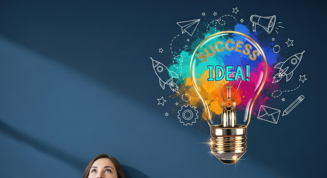 Colorful light bulb success idea creativity innovation inspiration motivation business imagination and achievement are illustrated with woman looking up evoking excitement and ambition