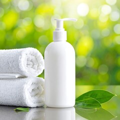 A white pump bottle, next to rolled towels and leaves, rests on a reflective surface against a blurred green backdrop