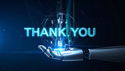 Thank you message – robotic hand holding glowing text in dark tech background