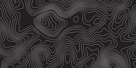 Abstract black background with elegant contour line patterns. Minimalist topographic map texture design, modern wavy lines creating fluid organic shapes, perfect for digital art and backgrounds.