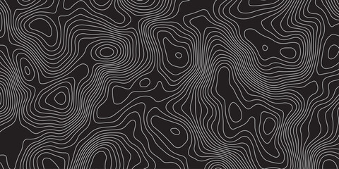 Abstract black background with elegant contour line patterns. Minimalist topographic map texture design, modern wavy lines creating fluid organic shapes, perfect for digital art and backgrounds.