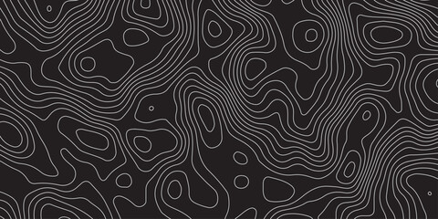 Abstract black background with elegant contour line patterns. Minimalist topographic map texture design, modern wavy lines creating fluid organic shapes, perfect for digital art and backgrounds.