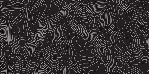 Abstract black background with elegant contour line patterns. Minimalist topographic map texture design, modern wavy lines creating fluid organic shapes, perfect for digital art and backgrounds.