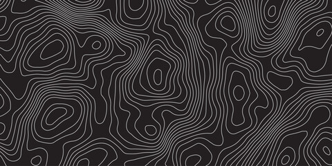 Abstract black background with elegant contour line patterns. Minimalist topographic map texture design, modern wavy lines creating fluid organic shapes, perfect for digital art and backgrounds.