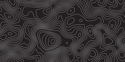 Abstract black background with elegant contour line patterns. Minimalist topographic map texture design, modern wavy lines creating fluid organic shapes, perfect for digital art and backgrounds.