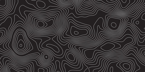 Abstract black background with elegant contour line patterns. Minimalist topographic map texture design, modern wavy lines creating fluid organic shapes, perfect for digital art and backgrounds.