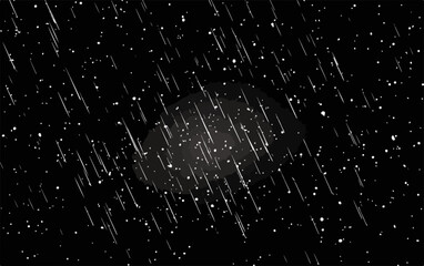 Wektorowa ilustracja deszczu z parasolem na czarnym tle, dynamiczne krople wody, atmosfera