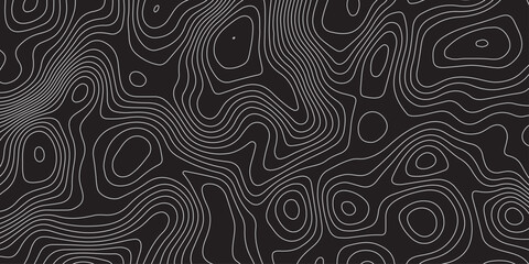 Abstract black background with elegant contour line patterns. Minimalist topographic map texture design, modern wavy lines creating fluid organic shapes, perfect for digital art and backgrounds.
