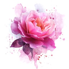 A watercolor painting of a pink rose with leaves and splatters on a white background in soft focus style