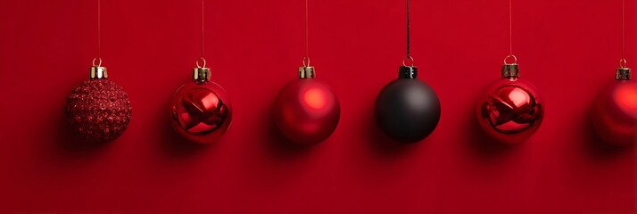 Christmas ornaments hanging against a red background with one black ornament among the red ones