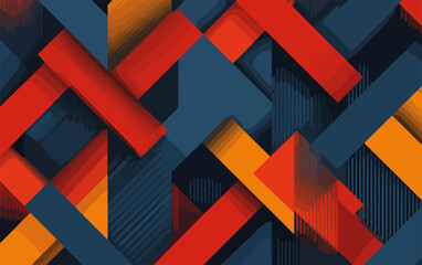 Abstrakcyjny wz&oacute;r geometryczny z nakładającymi się kształtami i gradientami w kolorach niebieskim, czerwonym i pomarańczowym.