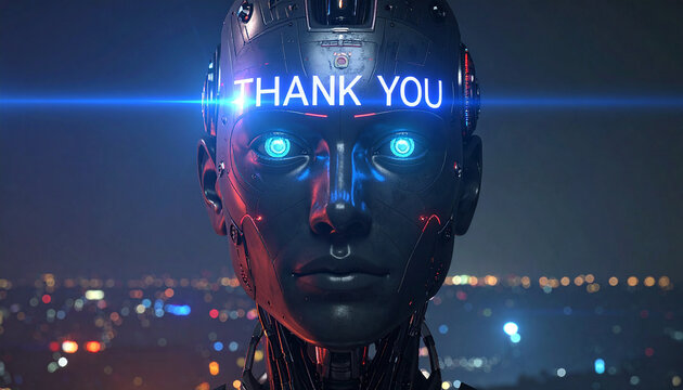 Futuristic Robot Saying Thank You with Glowing Eyes and City Lights Background – Digital Age Gratitude Concept - Powered by Adobe