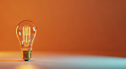 Clear glass light bulb standing on smooth surface, glowing warmly with orange and blue gradient background, symbolizing creativity and innovation in minimalistic style