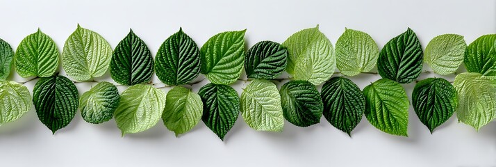 Arrangement of green leaves on a stem against a white background in a horizontal composition