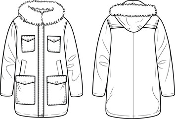 Hooded Parka Jacket Coat with Fur Trim Technical Fashion Flat Sketch Template CAD Drawing Vector Illustration Garment Apparel Design Mockup