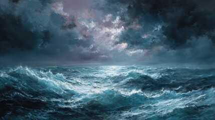 Dynamic storm painting showcases the fierce power of turbulent seas and dark clouds in a breathtaking natural scene