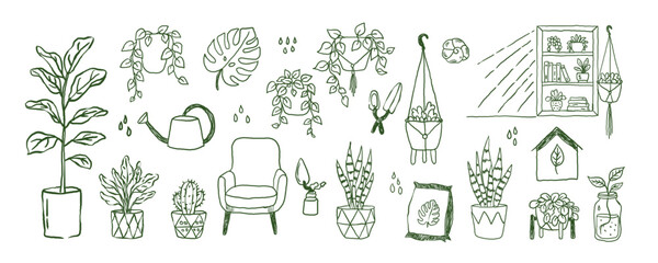 Painting hand drawn vector illustration doodles set.Spring flower crayon art, cute kid pastel floral set, pencil garden set, bloom and leaf charcoal art isolated on white background.garden decoration.