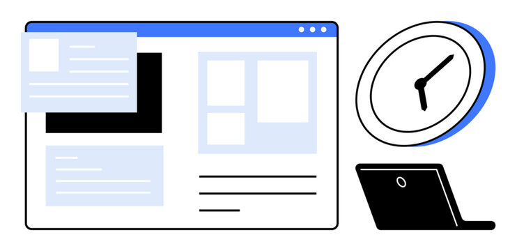 Web interface with text and images, analog clock, and laptop signify productivity, time tracking, and online work. Ideal for workflow, remote work, project management, deadlines planning