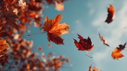 Brilliant orange and red foliage drifts across a bright blue sky during a windy season