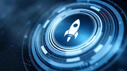 Futuristic digital interface displays a glowing white rocket ship icon within a circular data stream symbolizing technological advancement and space exploration - Powered by Adobe