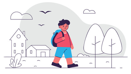Young boy with backpack walking through a neighborhood street enjoying fresh air and sunshine