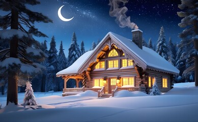 🏔️ Cozy Snow Cabin Under Starry Winter Sky – Serene Wooden Lodge with Warm Lights in Snowy Pine Forest Night Scene