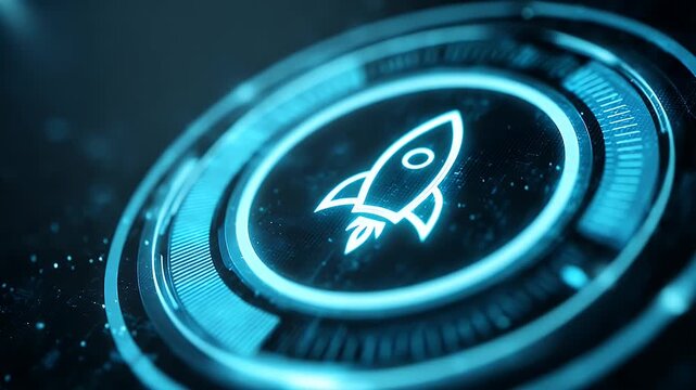 Digital interface displays a glowing neon blue rocket ship icon within a circular progress bar on a dark technological background with subtle particle effects - Powered by Adobe