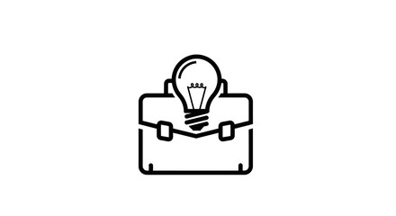 Black outline icon of a light bulb rising out of a closed briefcase