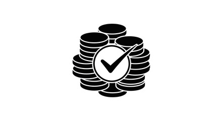 Black stacked coins illustration with a successful checkmark verification circle