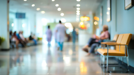 A blurred view of a hospital waiting area, showcasing people, seating, and a calm atmosphere.
