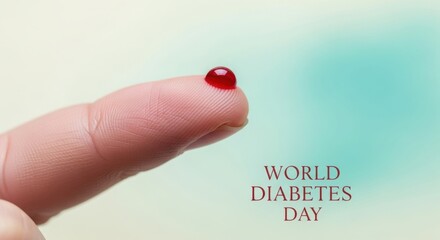Closeup of a blood drop on a fingertip, symbolizing diabetes testing and awareness
