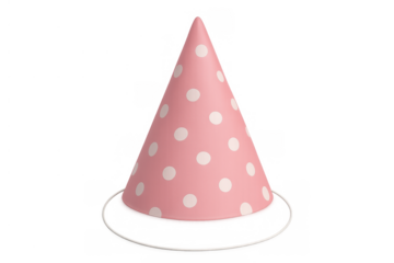 Pink party hat with white polka dots, an essential accessory for celebrating birthdays, anniversaries, and festive occasions
