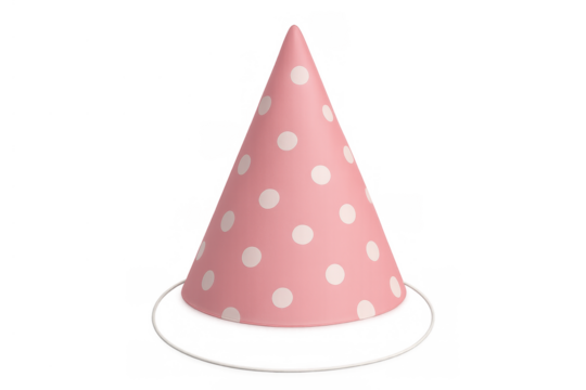 Pink party hat with white polka dots, an essential accessory for celebrating birthdays, anniversaries, and festive occasions - Powered by Adobe