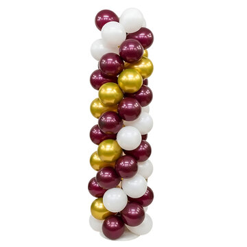 Balloon column garland, studio arrangement, gold maroon white colors, festive celebration decor