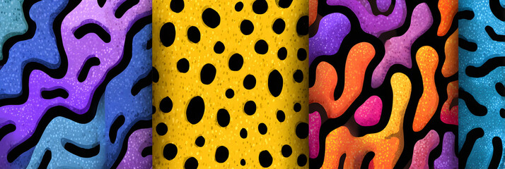 Seamless patterns, abstract organic lines color backgrounds set. Biological patterns with yellow, purple and blue memphis dots, irregular squiggle lines and abstract shape texture