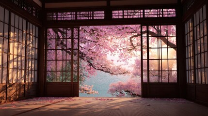 Sliding Japanese doors reveal a serene garden filled with blooming cherry blossoms, creating a tranquil atmosphere at sunset