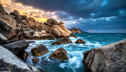 Coastal scenery with rocks meeting the ocean under a dramatic sky