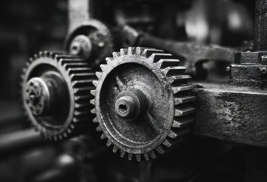 A detailed black and white close-up of old, weathered metal gears in an industrial machine.