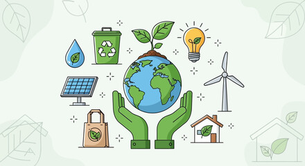 Green hands holding earth with renewable energy icons for sustainable environment
