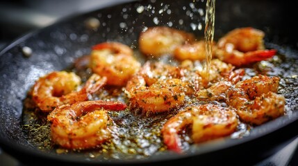 Stir fry splashes into hot oil in frying pan with fresh shrimp sizzling in a flavorful cooking process
