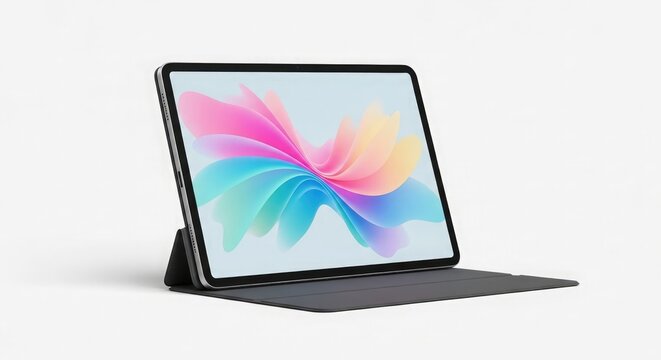 A tablet is propped up with a cover, displaying a colorful abstract design on its screen.