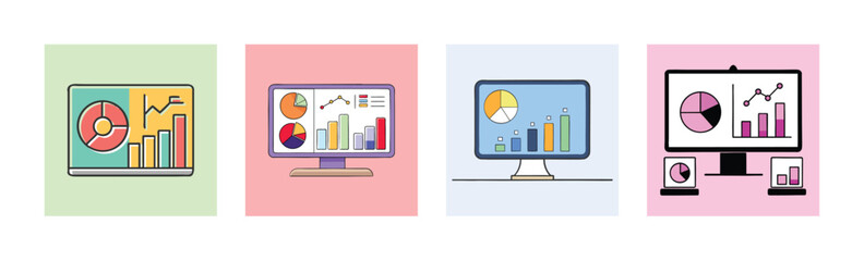 Business Data Visualization and Analytics Vector Illustration Set Computer Monitor Graphs Charts